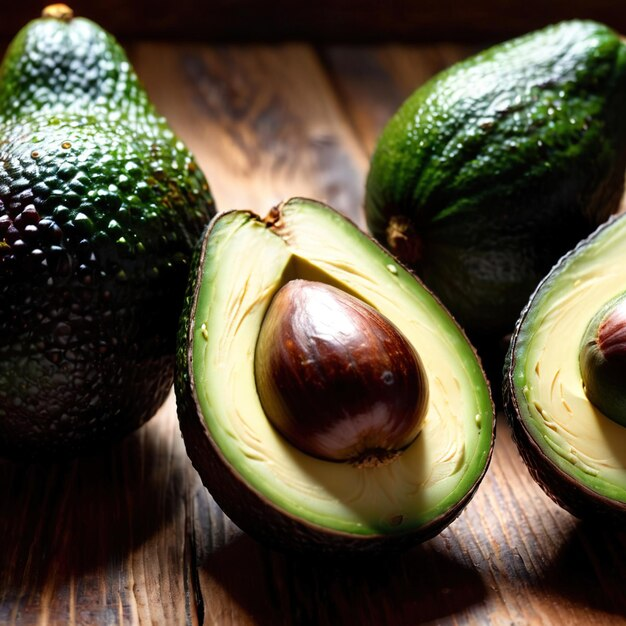 Fresh ripe avocados close-up on wooden background